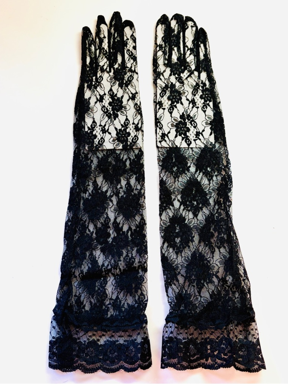 Vtg New Black Lace Gloves Ruffle Wrist Opera Sheer Evening Party Costume Goth